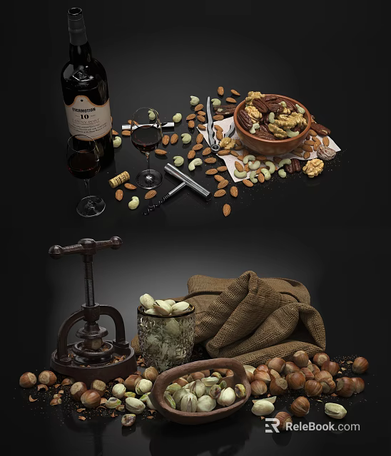 Delicious Mixed Nuts with Wine Glasses Nutcracker and Burlap on Black Background 3d model 