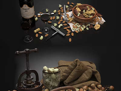 Delicious Mixed Nuts with Wine Glasses Nutcracker and Burlap on Black Background 3d model