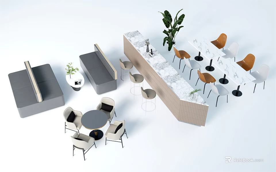 Modern Dining Table Set With Chairs Bar Counter And Green Plants 3d model