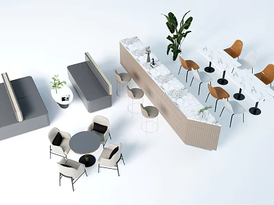 Modern Dining Table Set With Chairs Bar Counter And Green Plants 3d model