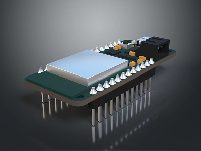 Electronic Circuit Board Featuring Integrated Chip Metal Pins And Black Connector 3d model