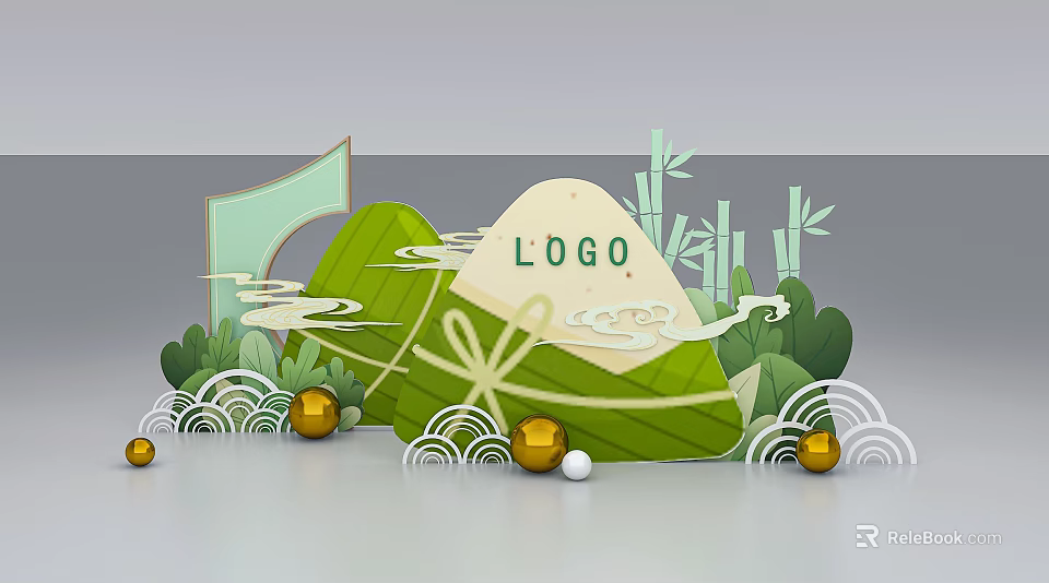 Traditional Chinese Check-in Photo Spot With Zongzi Bamboo Leaves Bamboo Golden Spheres And LOGO 3d model 