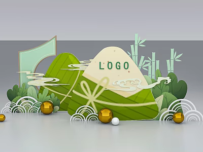Traditional Chinese Check-in Photo Spot With Zongzi Bamboo Leaves Bamboo Golden Spheres And LOGO 3d model