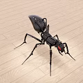 Black Mechanical Ant With Red Eyes And Long Legs On Wooden Floor
