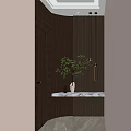 Modern Foyer Hallway With Wooden Vertical Slat Wall Marble Countertop And Circular Pendant Lights