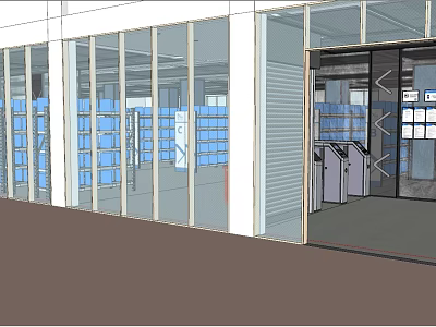 Modern Facility Interior With Glass Walls Blue Shelves And Turnstiles At Entrance 3d model