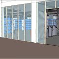 Modern Facility Interior With Glass Walls Blue Shelves And Turnstiles At Entrance