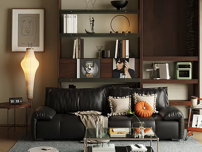 Cozy Living Room Interior With Black Leather Sofa Pillows Pumpkin Decor And Bookshelf Wall Painting 3d model