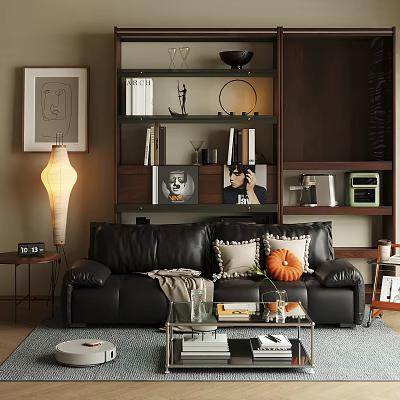 Cozy Living Room Interior With Black Leather Sofa Pillows Pumpkin Decor And Bookshelf Wall Painting 3d model