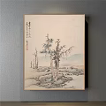 Set of Four Traditional Chinese Landscape Paintings Featuring Mountains Pine Trees and Calligraphy