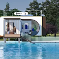 Modern Detached Villa Built Over Water Pool With Glass Elements And Terrace Surrounded By Trees
