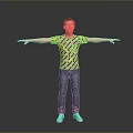 Standing Man With Arms Outstretched In Striped T Shirt Blue Jeans White Sneakers Gray Background