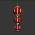 Red Lanterns Three Vertically Hanging with Golden Trim and Reflection on Dark Background 3d model