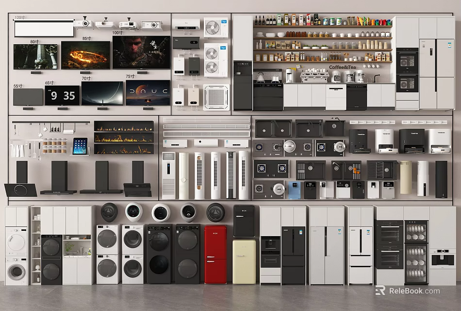 Modern Showroom Display of Various Refrigerators and Freezers with Home Appliances 3d model 