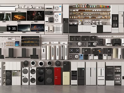 Modern Showroom Display of Various Refrigerators and Freezers with Home Appliances 3d model
