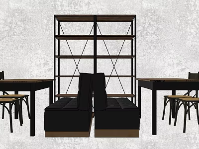 Black Public Chair With Wooden Shelf And Tables In Indoor Setting 3d model