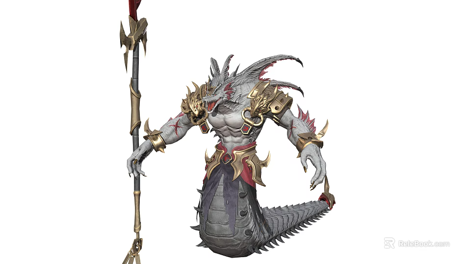 Mythical Dragon Warrior With Golden Armor Muscular Body Spear And Scaly Tail 3d model 