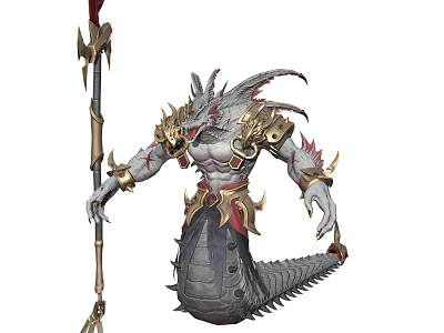 Mythical Dragon Warrior With Golden Armor Muscular Body Spear And Scaly Tail 3d model