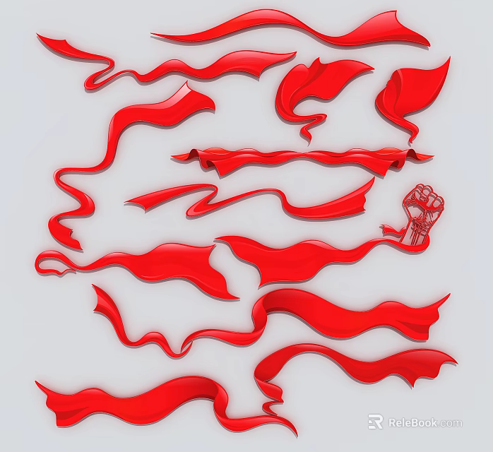 Red Ribbon And Fist Design Decorative Ornaments With Stylish Flowing Shapes 3d model 