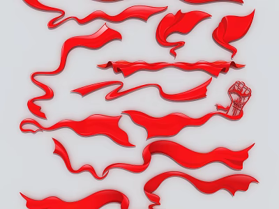 Red Ribbon And Fist Design Decorative Ornaments With Stylish Flowing Shapes 3d model