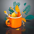 Cozy Beverage in Orange Mug with Lemon Slice Cinnamon Stick and Green and Yellow Leaves