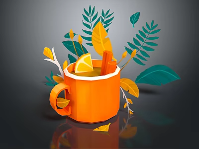Cozy Beverage in Orange Mug with Lemon Slice Cinnamon Stick and Green and Yellow Leaves 3d model