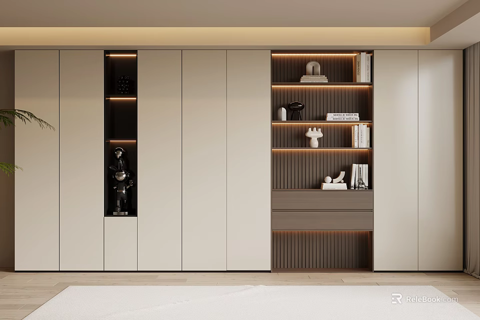 Modern Minimalist Bookcase With Shelves Decorative Items And Warm Lighting 3d model
