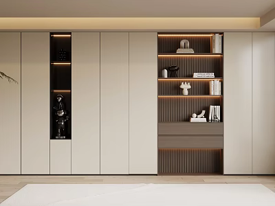Modern Minimalist Bookcase With Shelves Decorative Items And Warm Lighting 3d model