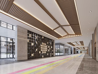 Hospital Outpatient Lobby With Modern Wooden Ceiling Glass Windows And Colorful Floor Design 3d model