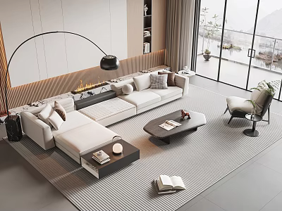 Modern Living Room White Sofa Coffee Table Set With Throw Pillows Floor Lamp Striped Rug 3d model