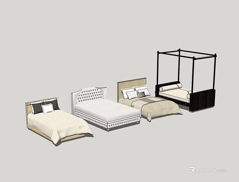 Stylish Double Bed Designs With Various Headboard Styles And Four Poster Structures 3d model