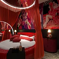 Red-themed Modern Hotel Room Interior With Sofa TV Coffee Table And Artwork 3d model