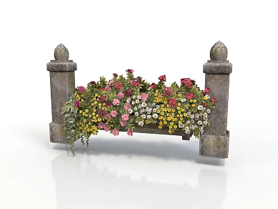 Ornate Stone Flower Shelf With Decorative Columns And Colorful Pink Yellow White Blooms 3d model