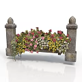 Ornate Stone Flower Shelf With Decorative Columns And Colorful Pink Yellow White Blooms