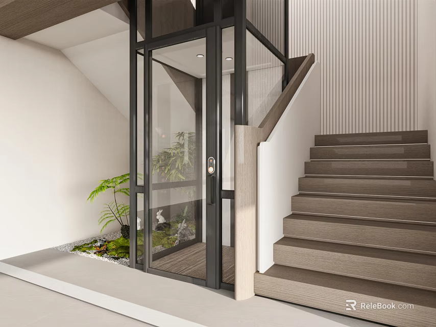 Modern Interior Design With Glass Elevator Stairs And Green Plants 3d model 