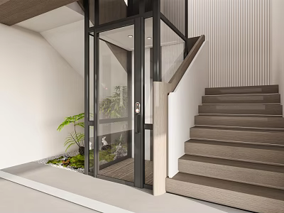 Modern Interior Design With Glass Elevator Stairs And Green Plants 3d model