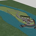 Scenic Riverside Public Landscape Area With Walkway Steps Greenery People And Boats
