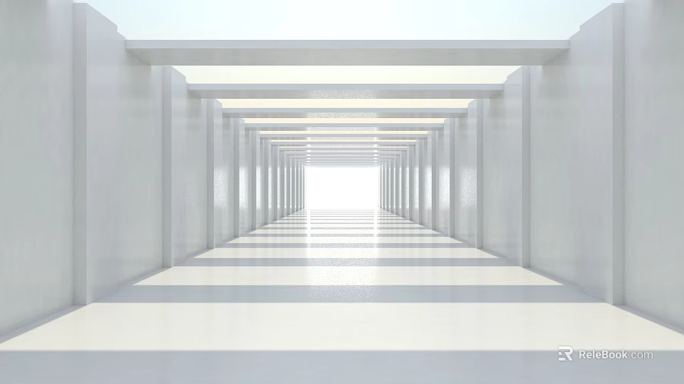 White Modern Corridor With Symmetric Pillars And Bright Light At End 3d model