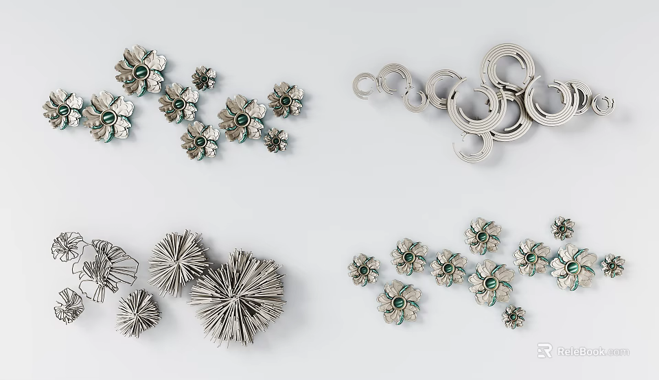 Stylish Metal Wall Decor With Floral Patterns And Circular Ring Details 3d model