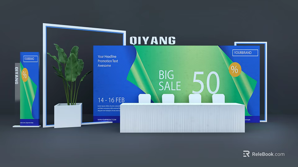 DIYANG Big Sale 50% Photo Spot Blue Green Banner White Counter Potted Plant 14-16 Feb 3d model 