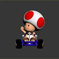 Cute Mushroom Head Doll Riding Blue Go Kart With Waving Hand And Red White Hat