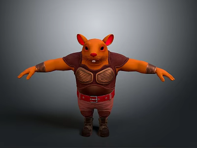 Anthropomorphic orange mouse wearing brown vest red belt boots with arms outstretched on gray background 3d model