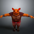 Anthropomorphic orange mouse wearing brown vest red belt boots with arms outstretched on gray background