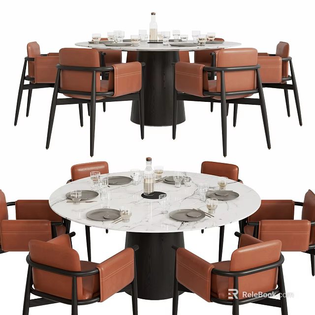 Stylish Round Marble Tabletop Table And Chair Set With Brown Chairs Plates And Glasses 3d model 