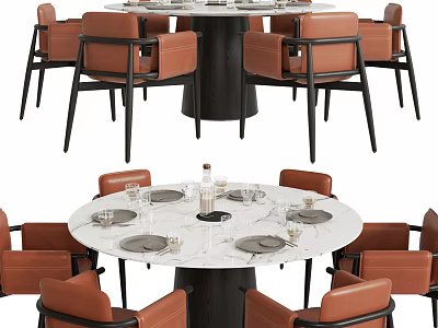 Stylish Round Marble Tabletop Table And Chair Set With Brown Chairs Plates And Glasses 3d model