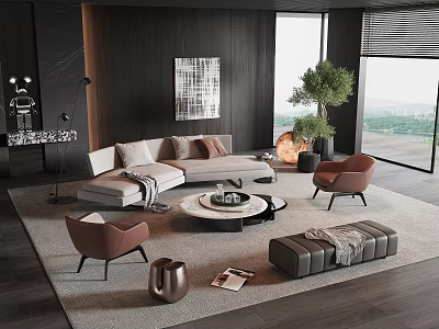 Modern Minimalist Sofa Coffee Table Set With Armchairs And Green Plant 3d model