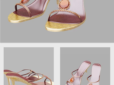 Elegant Women's Heeled Sandals With Gold Heel And Decorative Stones 3d model