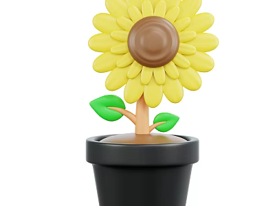 Bright Yellow Sunflower Plant In Black Flower Pot With Green Leaves And Stem 3d model