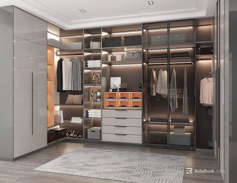 Stylish Modern Walk-in Closet Interior With Glass Door Cabinets Hanging Clothes And Storage Drawers 3d model 