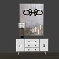 White Entryway Console Cabinet with Drawers Metal Handles Table Lamp and Candles on Dark Wall